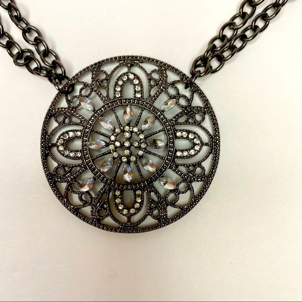 Black Medallion with Rhinestones Scrollwork Necklace Gunmetal Double Chain